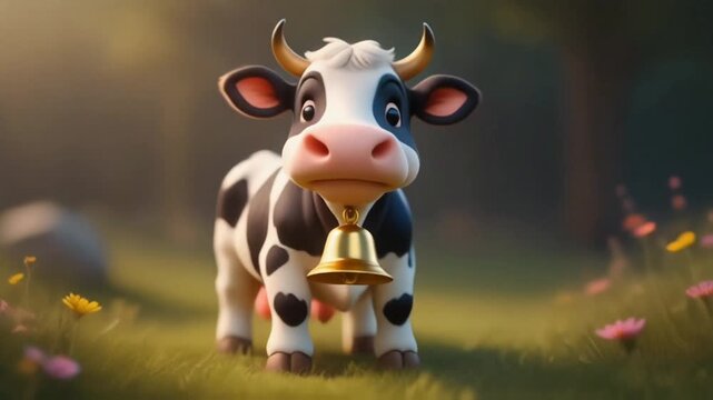 Cartoon style cow character with bell standing in soft background, creating playful farm animal illustration.