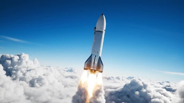 Rocket Launching Upwards Through Clouds into Blue Sky with Bright Engine Flames