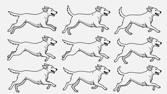 Dog running animation cycle sequence line art. Continuous motion frames of a canine character. Vector outline illustration for game design, flipbook, or smooth movement cycle.