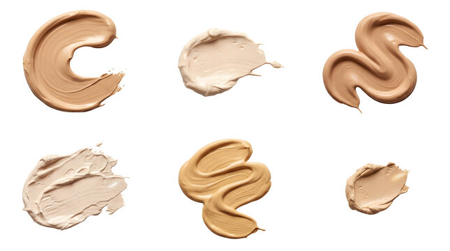 Collection of liquid foundation cream strokes and beauty product smears on grey background