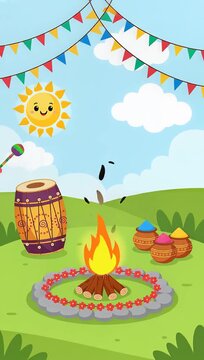 Holika Dahan bonfire with dhol and gulal colors illustration
