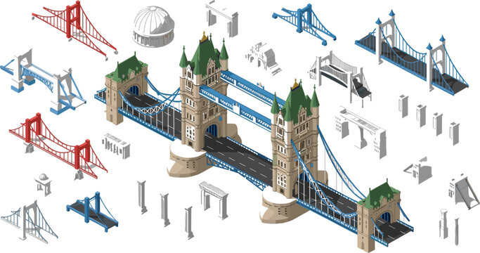 Tower Bridge Isometric Construction Vector Illustration with Architectural Parts, Structural Elements, and Landmark Assembly Design for Education and Engineering Concepts