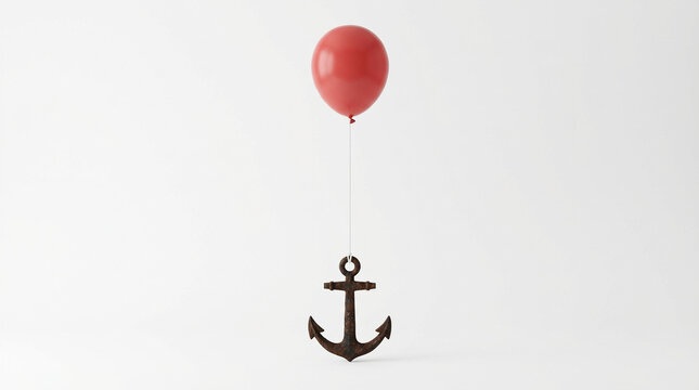 Red balloon tied to heavy iron anchor on white background, sunk cost fallacy and holding back potential minimalist business concept photo