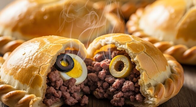 Steaming hot empanadas filled with meat, egg, and olives