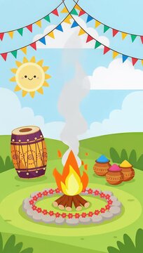 Colorful Holika Dahan Bonfire with Dhol and Holi Powders Illustration