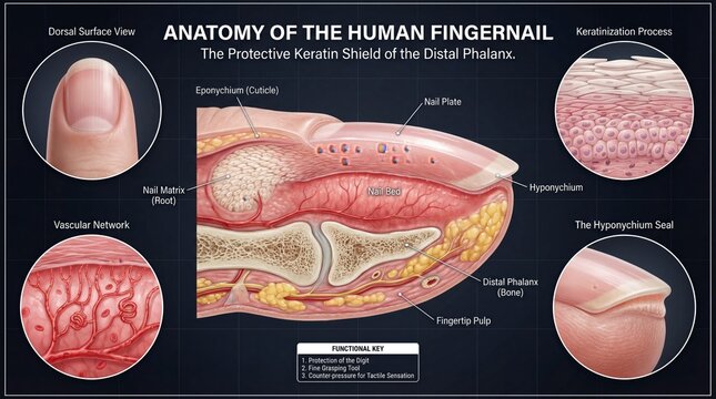 Detailed Diagram of Human Fingernail Anatomy Featuring Layers and Structures of Nail