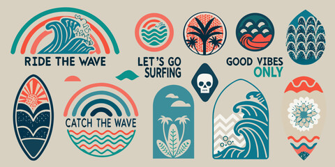 Colorful surf themed sticker pack with waves palm trees and summer phrases © BelaRani
