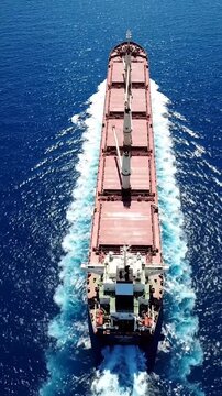 Large cargo ship sailing across the vast blue ocean, leaving a white wake.