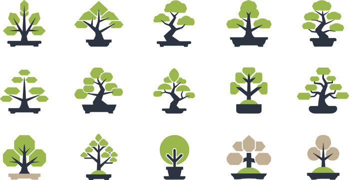 Stylized bonsai tree icon set with minimalist potted plants representing zen garden, nature, and Japanese decorative art illustrated in flat vector style