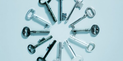 Assorted Antique Metal Keys Arranged in a Circle on Pale Blue Background Top View for Home Security and Vintage Real Estate Concept with Copy Space