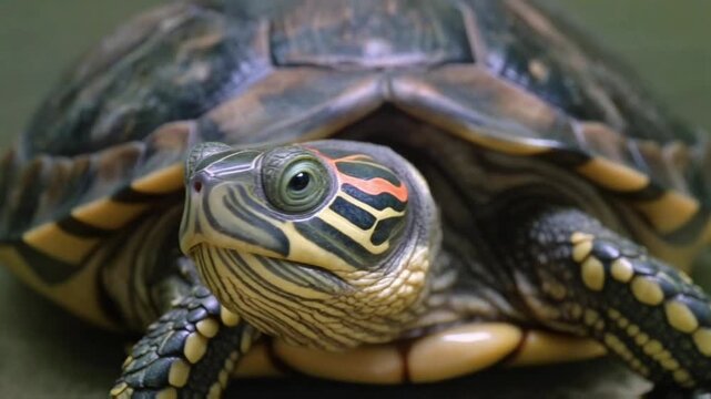 A turtle rests peacefully with textured shell and gentle expression, illuminated by soft natural light creating a serene wildlife portrait.