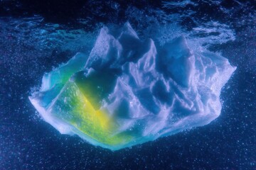 Fototapeta premium Large iceberg floating underwater in dark blue ocean water symbolizing global warming and climate change risk for environmental awareness background with copy space