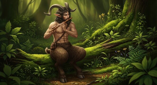 Mythical horned humanoid plays a wooden wind instrument while seated in a lush green forest