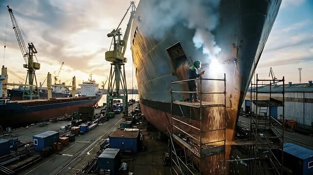 Industrial Shipyard Scene with Welder Working on Large Vessel Under Dramatic Sunset Sky Showing Cranes and Other Ships in the Background with Sparks Flying