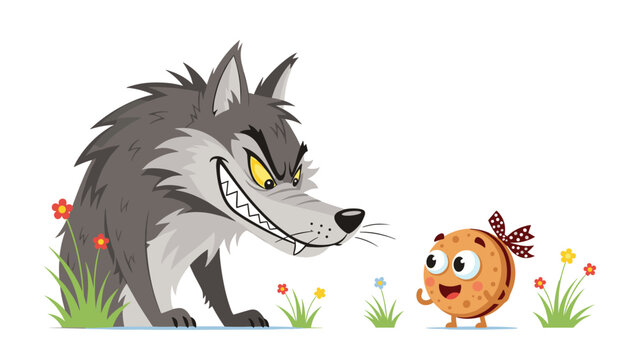 Mean grey wolf stares down at a small cute cookie character in a flowery meadow during a classic fairy tale encounter.