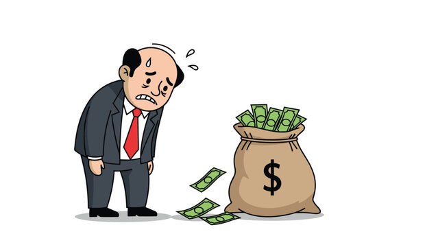 Sad businessman looks at a large bag of money with bills falling out representing financial loss or poor wealth management.