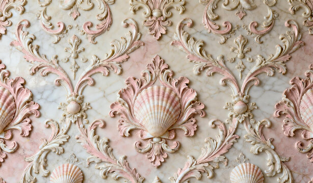 Ornate pink and beige wall panel with shell motifs and floral scrollwork