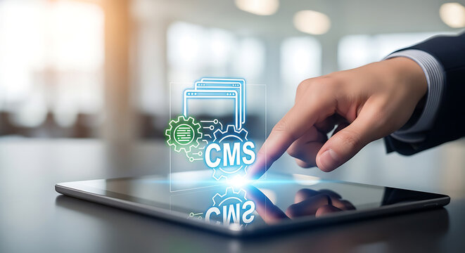 Modern Businessperson Tapping Interactive Digital Content Management System Interface Professional User Navigating Web Platform CMS Software Dashboard for Enterprise Data Organization Connectivity