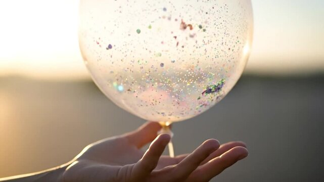 Delicate Transparent Balloon Filled With Shimmering Confetti Held Gently Above Open Palm Outdoors During Sunset Hour