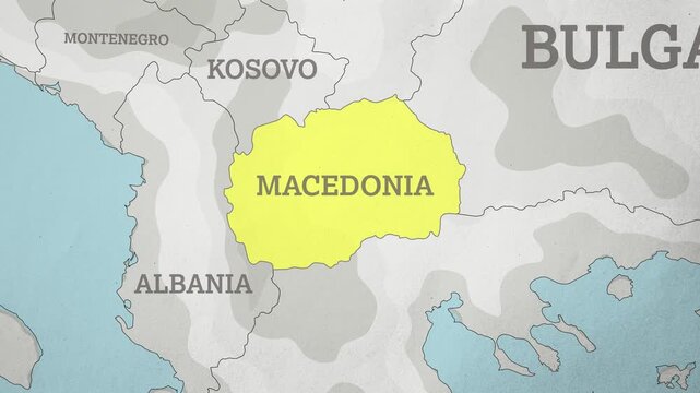 Basemap with a Zoom of the Macedonia Highlighted in Yellow. Generic World Map Animation