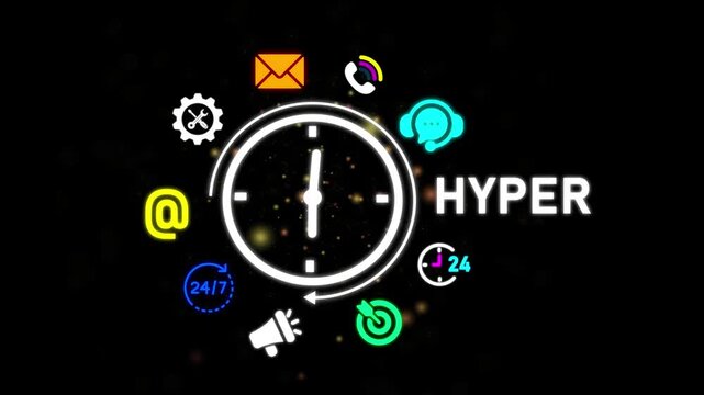 Digital clock with service icons and HYPER text on a dark background time HYPER