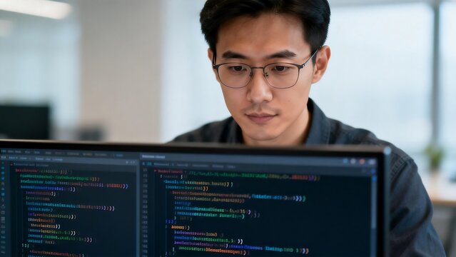 Young man coding on computer