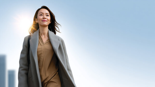 Confident young woman walking outdoors in a breezy environment with a serene background and warm sunlight illuminating her face for a professional or lifestyle portrait