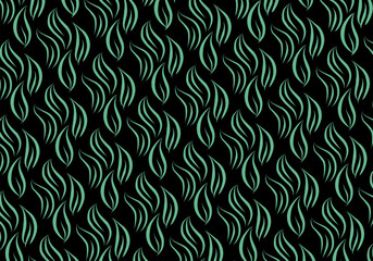 A minimalist seamless pattern featuring stylized teal green organic leaf or flame-like shapes arranged rhythmically on a solid black background. Ideal for modern design, textiles, or digital art.