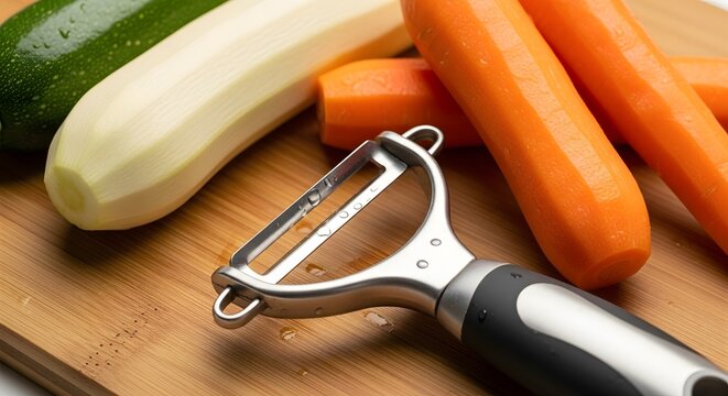 Vegetable peeler and fresh vegetables on cutting board