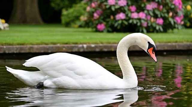 Elegant white swan swimming on calm pond in a beautiful garden