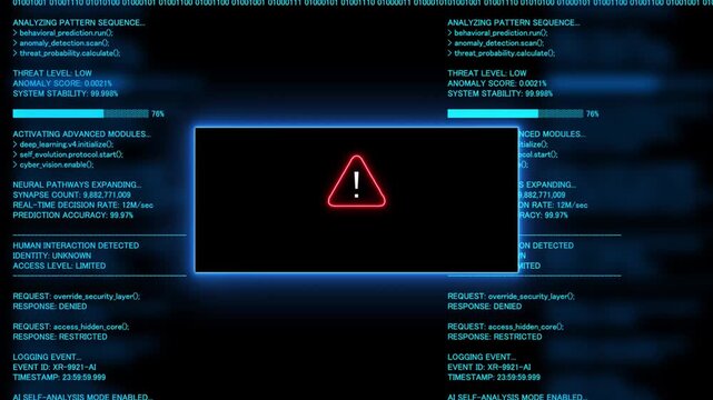 Red Exclamation Mark Warning Symbol 1111 Neon Sign on Green Digital Code Background with Glitch Effect
