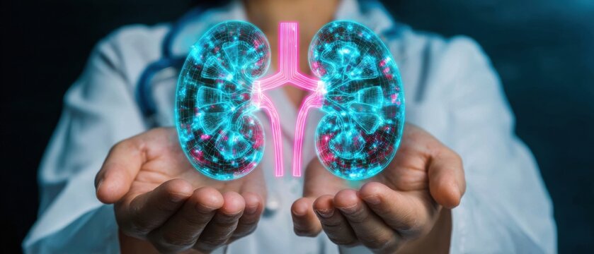 Doctor hands holding kidney hologram for World Kidney Day medical care in clinical setting, transplantology healthcare technology with glowing neon interface and copy space