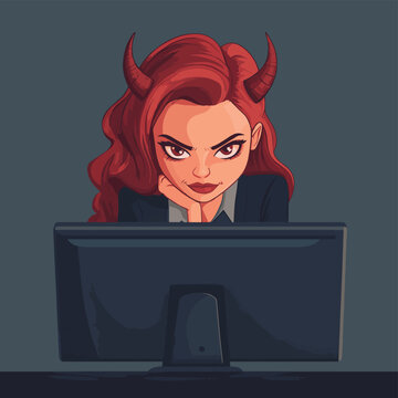 Businesswoman unmasks hidden identity in a shocking digital revelation, revealing a cunning imposter with devilish horns and a sly grin on her computer screen