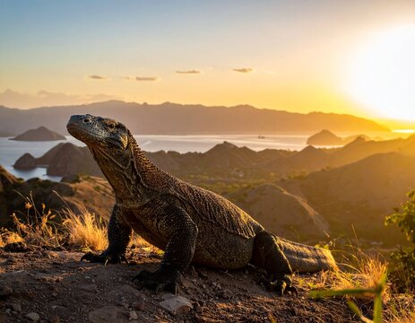 Komodo Dragon crawling through the grass in Rinca Island.