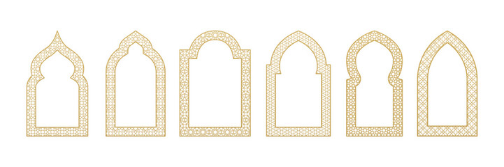 Islamic arch frame with arabic ornament. Ramadan gate geometric background. Vector set of oriental elements