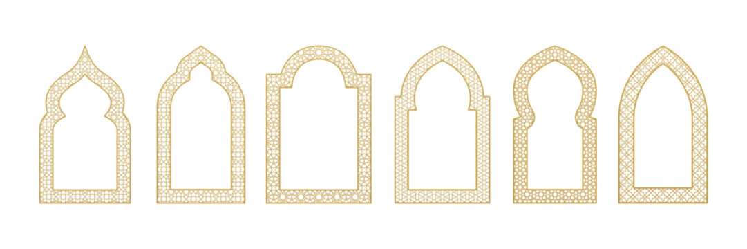 Islamic arch frame with arabic ornament. Ramadan gate geometric background. Vector set of  oriental elements