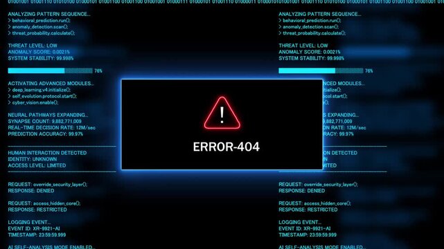 Red Exclamation Mark Warning Symbol error-404 Neon Sign on Green Digital Code Background with Glitch Effect
