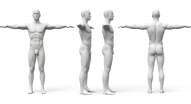 Set of three 3D renders of a male physique, showing front, profile, and back views in a T-pose against a white background for technical or artistic reference.