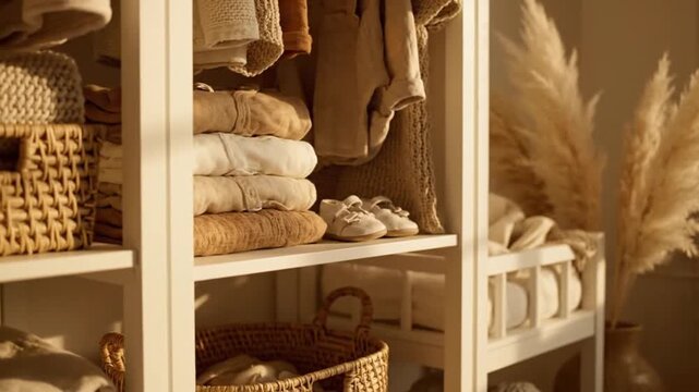 Cozy minimalist shelf with neatly folded natural clothes, soft baby shoes, and wicker baskets. Serene home decor for an organized domestic aesthetic