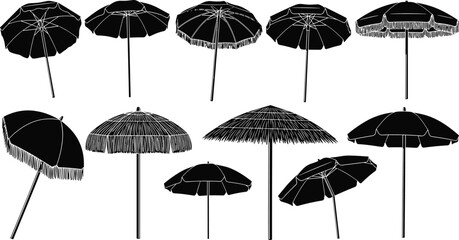 Set of beach umbrella silhouettes in black and white, summer vacation sunshade icons, parasol collection for travel and holiday design, © Anamul Arafat