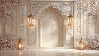 Ornate white architectural interior features intricate carvings and glowing hanging lanterns amidst soft blossoms