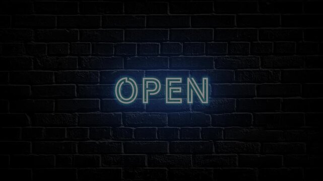 Blue Neon Open text animation. Glowing open looping motion. flicker text 4k video.
