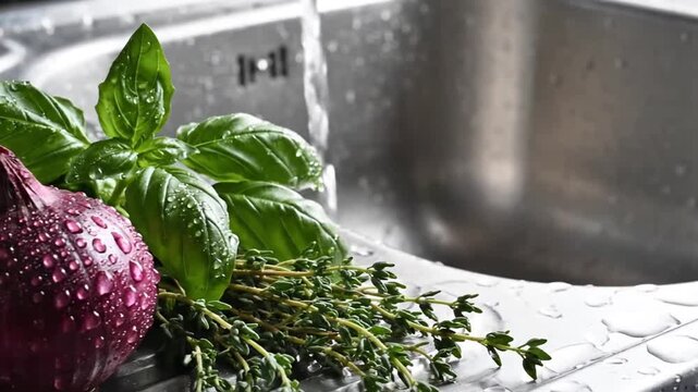 Fresh red onions, basil, and thyme with water drops in kitchen sink