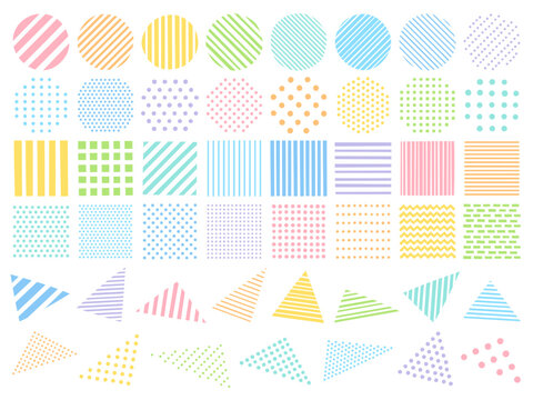カラフルな切り絵風のドットとストライプ柄の丸三角四角のイラストセット