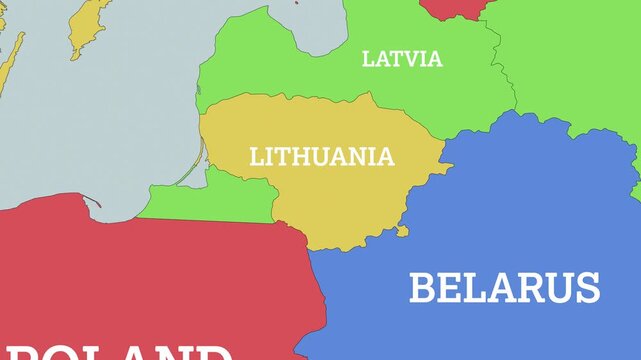 2D Colored Political World Map with a zoom of the Lithuania and Neighbors