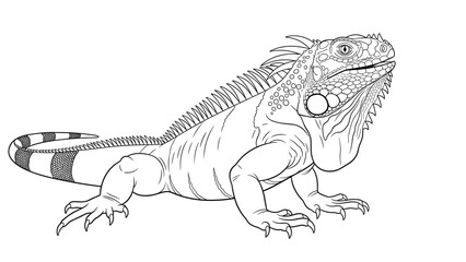 Fototapeta premium Detailed black and white line art illustration of an iguana, showing intricate scale patterns and textures for educational coloring use.