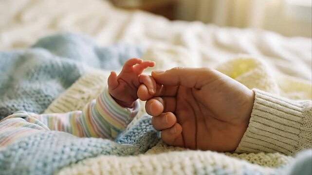 Intimate Close Up of Newborn Baby's Hand Grasped by Adult Finger on Soft Cream and Blue Knitted Blanket Warm Sunlight Illuminates the Tender Connection