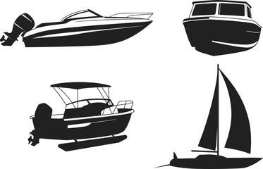 Vector illustration of four different boat silhouettes including speedboat, cabin cruiser, pontoon leisure boat, and sailboat, nautical transport design sketch collection © KailashChandra
