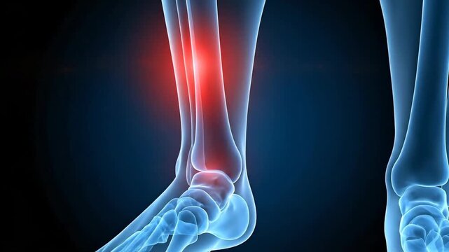 Close Up Of A 3D Medical Animation Showing Human Ankle Bones With A Red Glow Indicating Pain Or Inflammation Against A Dark Blue Background With Subtle Lens Flare Effects