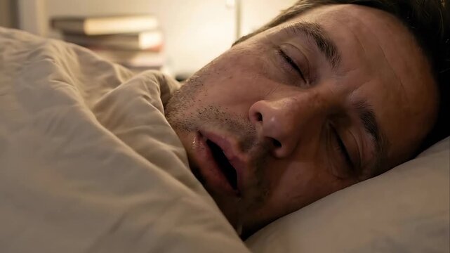 Close Up Of A Man Sleeping Soundly In Bed With Drool Dripping From His Mouth And A Stack Of Books In The Blurred Background And Soft Warm Indoor Lighting
